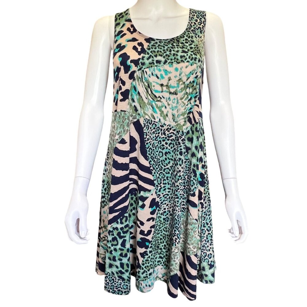 Vintage Animal Print Dress Green Multi-Pattern Polyester/Spandex Blend Sz Large